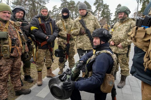 Ukrainian Territorial Defense Forces train on how to use an NLAW anti-tank weapon.