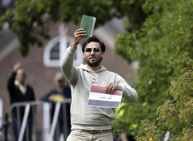 Protestor Salwan Momika appears outside the Iraqi embassy in Stockholm