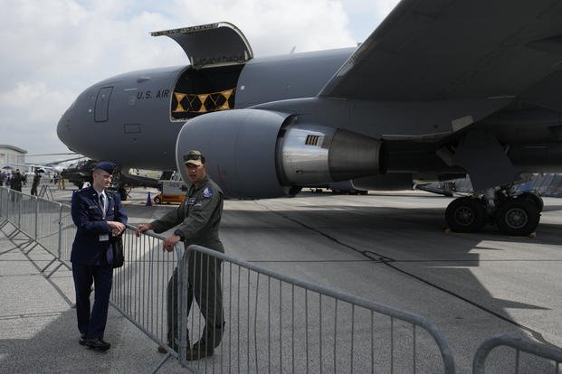 U.S. Air Force Boeing KC-46 Pegasus is on display during the Paris Air Show in Le Bourget
