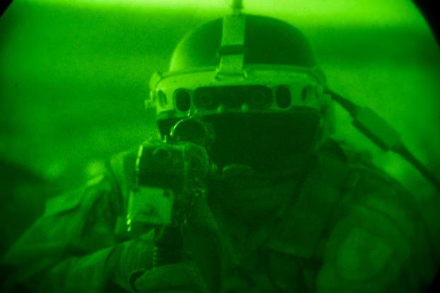 U.S. soldiers, assigned to 11th Armored Cavalry Regiment, train with the Integrated Visual Augmentation System and the Enhanced Night Vision Goggles during Project Convergence 2022 (PC22) at Fort Irwin, Calif.