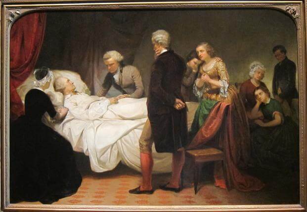 Artist Junius Brutus Stearns depicts the United States’ first president, George Washington, on his deathbed in 1799. 
