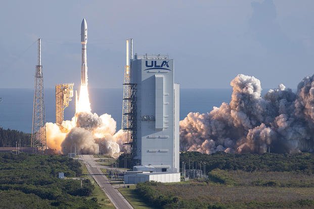 A United Launch Alliance Atlas V rocket carrying the SILENTBARKER/NROL-107 mission for the National Reconnaissance Office and the U.S. Space Force lifts off