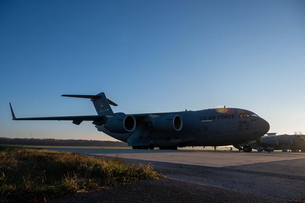 A C-17 Globemaster III prepares for a mission on the flight line at Dover Air Force Base, Delaware, Dec. 10, 2020.