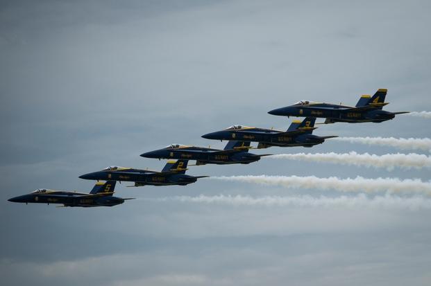 The Blue Angels fly in formation during the Joint Base Andrews Air & Space Expo at Joint Base Andrews, Md., May 11, 2019.