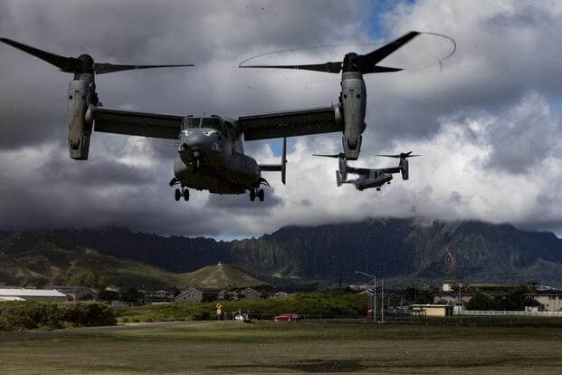 MV-22B Ospreys attached to Marine Medium Tiltrotor Squadron 163, 11th Marine Expeditionary Unit (MEU), land at Landing Zone Eagle aboard Marine Corps Base Hawaii, May 11, 2019.