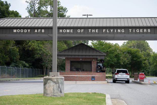 A car arrives at the entrance of a gate at Moody Air Force Base, Georgia, June 30, 2023.