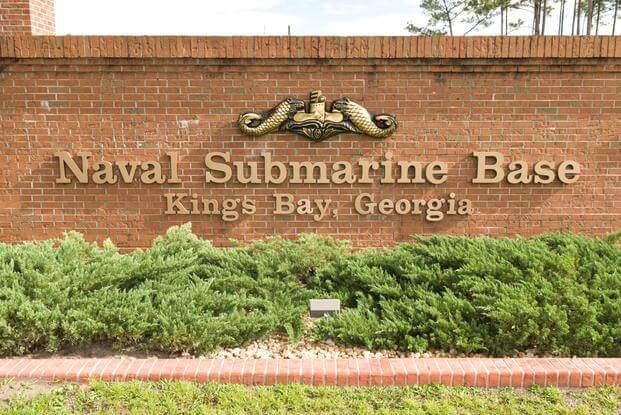 The entrance sign for Naval Submarine Base Kings Bay, Ga. adjacent to the Stimson Gate, the base's main entrance.