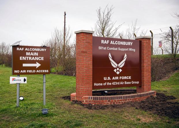 A photo of the front gate for RAF Alconbury.