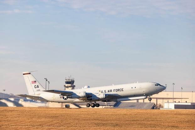 E-8C Joint STARS aircraft 92-3289 departs one last time from Robins Air Force Base, Georgia, Feb. 11, 2022.