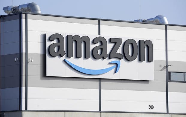 An Amazon company logo marks the facade of a building