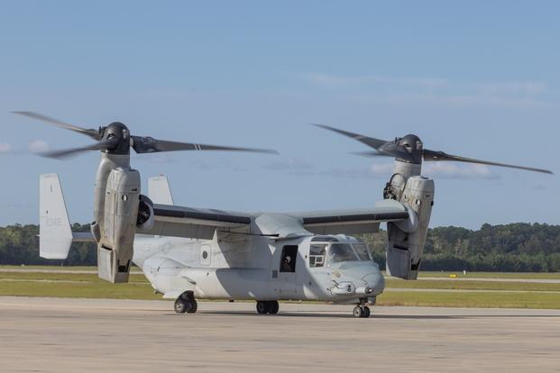 U.S. Marine Corps MV-22 Ospreys with Marine Medium Tiltrotor Squadron (VMM) 261, Marine Aircraft Group 26, 2nd Marine Aircraft Wing, land at Marine Corps Air Station (MCAS) Beaufort, Sept. 29, 2023. 