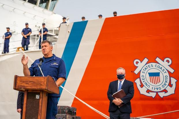 Adm. Karl Schultz, the commandant of the Coast Guard, speaks during a drug offload from Coast Guard Cutter Bertholf in San Diego, Sep. 10, 2020. 