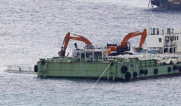 Reclamation work is resumed at a construction site off Henoko in Nago, Okinawa prefecture