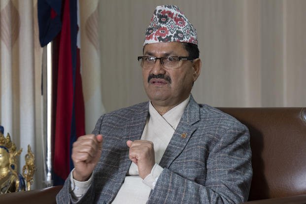 Nepal's Foreign Minister Narayan Prakash Saud speaks at his office in Kathmandu, Nepal
