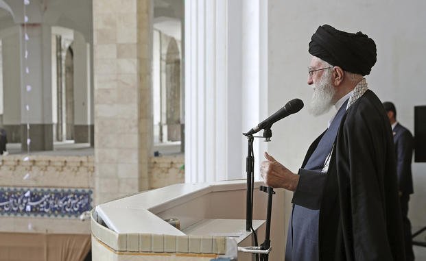 Supreme Leader Ayatollah Ali Khamenei delivers his sermon