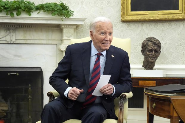 President Biden listens as he meets with NATO Secretary General Jens Stoltenberg in the Oval Office