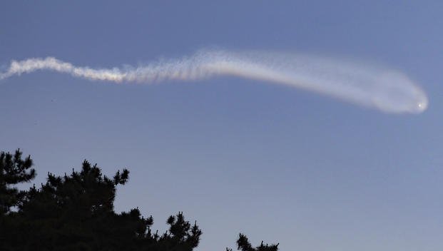 Contrails believed to be created by a North Korean missile are observed over seas