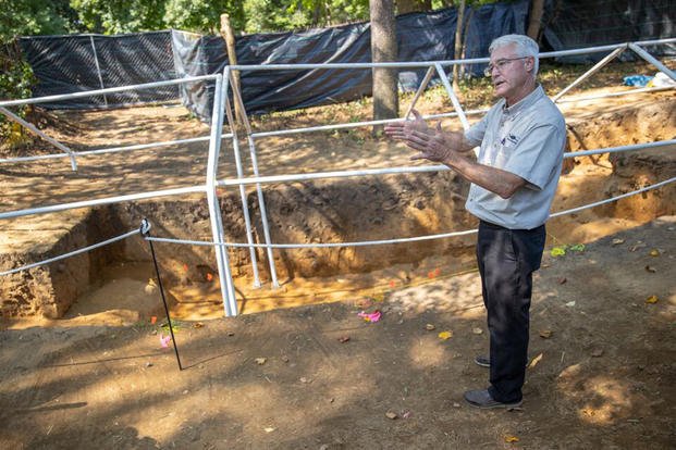 Archeologist Wade Catts discusses the discovery at the site of the trench in National Park, New Jersey, on Tuesday, August 2, 2022. The trench, located just outside Red Bank Battlefield Field, has since been filled in. 