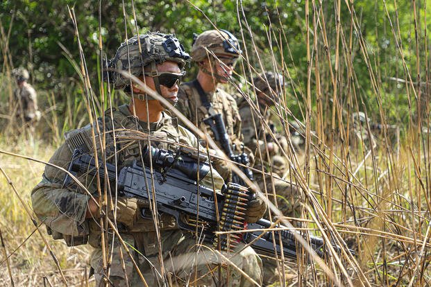 U.S. Army soldiers assigned to 2nd Battalion, 27th Infantry Regiment, 3rd Infantry Brigade Combat Team, 25th Infantry Division, alongside Philippine soldiers from the Philippine Army's 7th Infantry Division, conduct a live fire exercise during Salaknib 24 at Fort Magsaysay, Philippines.