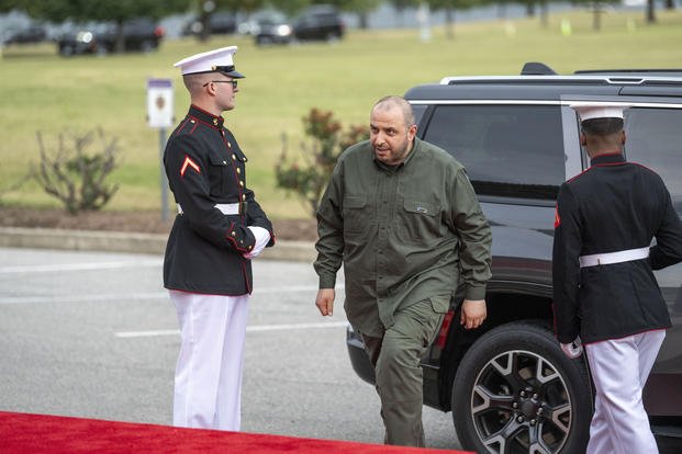 Ukraine's Minister of Defense Rustem Umerov arrives for a social dinner