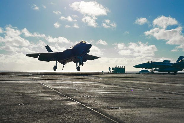 U.S. Navy F-35C Lightning II lands aboard Nimitz-class aircraft carrier USS Carl Vinson (CVN 70)