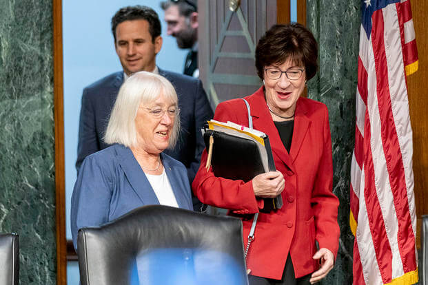 Chair Sen. Patty Murray, D-Wash., left, and Vice Chair Sen. Susan Collins, R-Maine, arrives for a Senate Appropriations hearing on Capitol Hill in Washington.