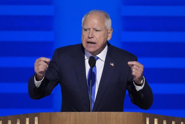 Democratic vice presidential nominee Minnesota Gov. Tim Walz speaks during the Democratic National Convention