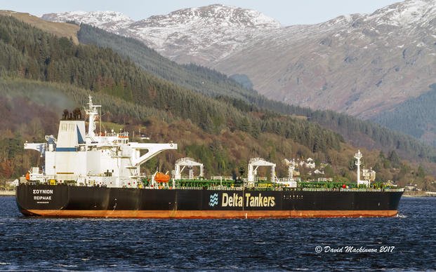 The Greek-flagged oil tanker Sounion is seen heading into the Finnart Ocean Terminal