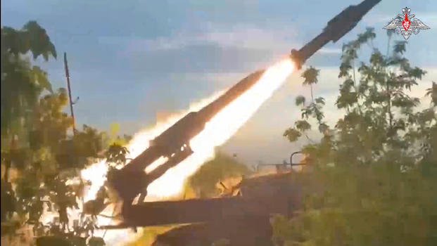 Russian Army Buk-2M self-propelled, medium-range surface-to-air missile system fires