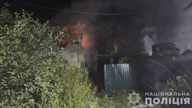 House is seen on fire after Russian airstrike in Zaporizhzhia, Ukraine