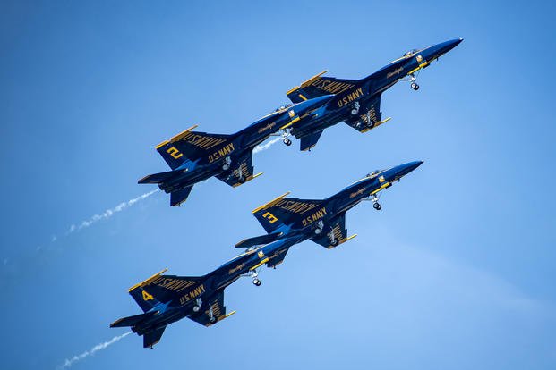 The Blue Angels perform in F/A-18 Super Hornets at the U.S. Naval Academy during commissioning week in Annapolis, Maryland, May 21, 2024. (Photo by Stacy Godfrey/US Navy)