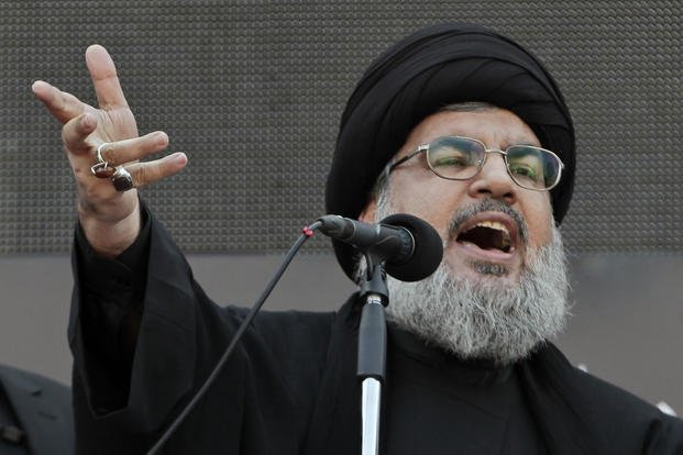 Hezbollah leader Sheik Hassan Nasrallah, speaks to the crowd