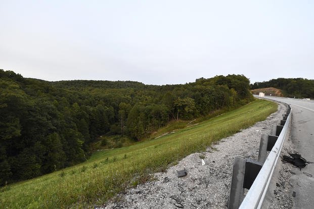  Trees stand in wooded areas alongside Interstate 75 near Livingston, Ky.