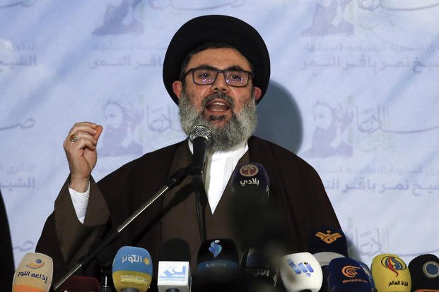 Senior Hezbollah leader Hashem Safieddine speaks during a news conference in the southern Beirut suburb of Dahiyeh, Lebanon.