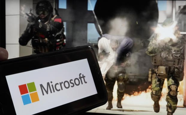 Logo for Microsoft, and a scene from Activision "Call of Duty - Modern Warfare"