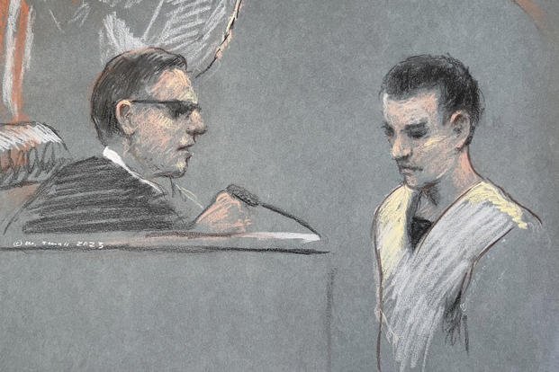 Artist depiction shows National Guardsman Jack Teixeira in court