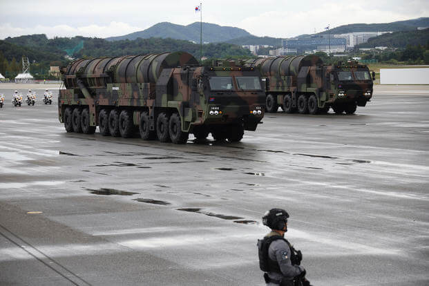 The Hyunmoo, surface-to-surface missile, march during a celebration