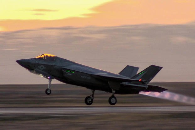 An F-35B Lightning II fighter jet takes off for a nighttime exercise at Mountain Home Air Force Base, Idaho.