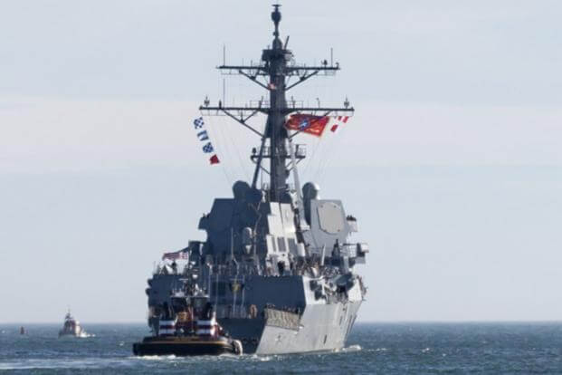 The future Arleigh Burke-class guided missile destroyer USS John Basilone heading out of Bath, Maine, on Nov. 1, 2024.