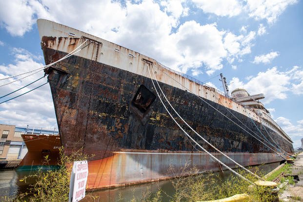 The SS United States is docked at Pier 82 in Philadelphia.