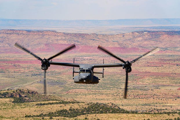 A U.S. Air Force CV-22 Osprey assigned to the 20th Special Operations Squadron flies during a training exercise over the plains of New Mexico.