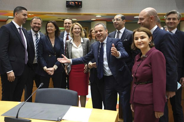 European Union foreign ministers pose with European Union foreign policy chief Kaja Kallas