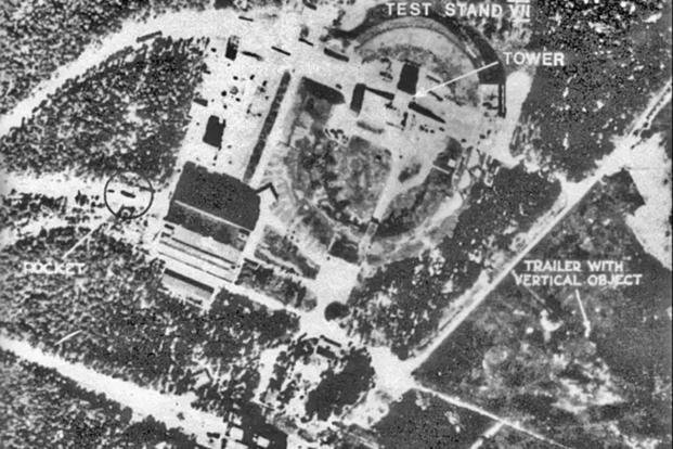 An aerial view of Germany’s Peenemünde Army Research Center is shown in 1943. The U.S. Army bombed it after learning from German POWs it interrogated that the center was a prime rocket-making facility for the Nazis. 