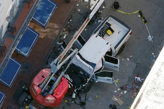 A pick-up truck that a man drove into a crowd on Bourbon Street in New Orleans