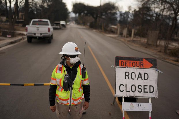 Check point leading to the damage zone of the Eaton Fire