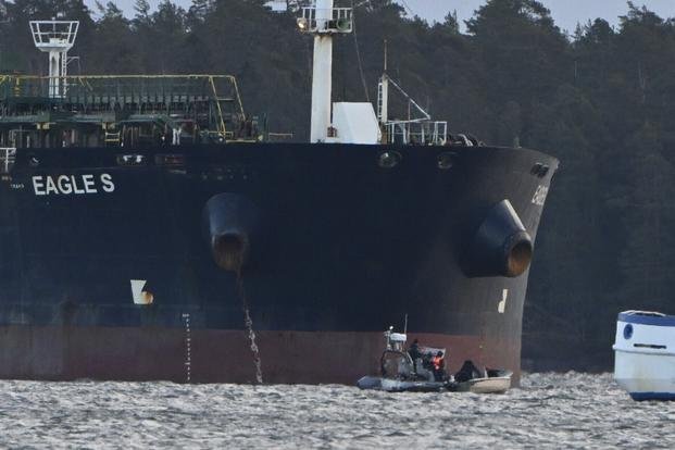 The Cook Islands-registered oil tanker Eagle S is anchored near the Kilpilahti port in Porvoo on the Gulf of Finland