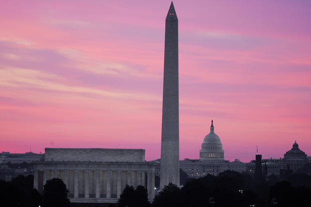 The skyline of Washington, D.C., including the Washington Monument, the Lincoln Memorial and the U.S. Capitol. 