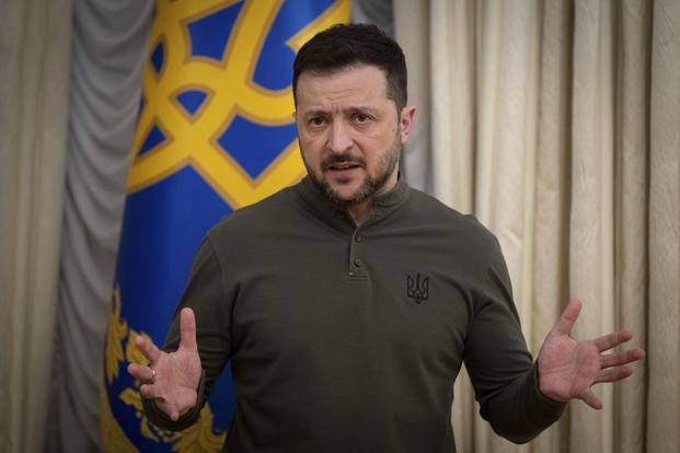 Ukrainian President Volodymyr Zelenskyy speaks during the briefing with President of the European Investment Bank Nadia Calvino in Kyiv, Ukraine