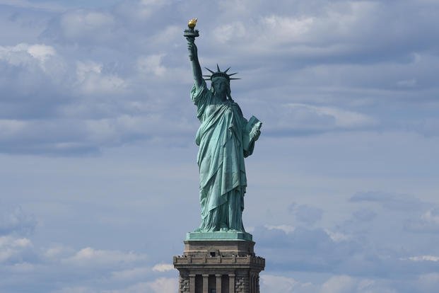 The Statue of Liberty is seen from the Staten Island Ferry