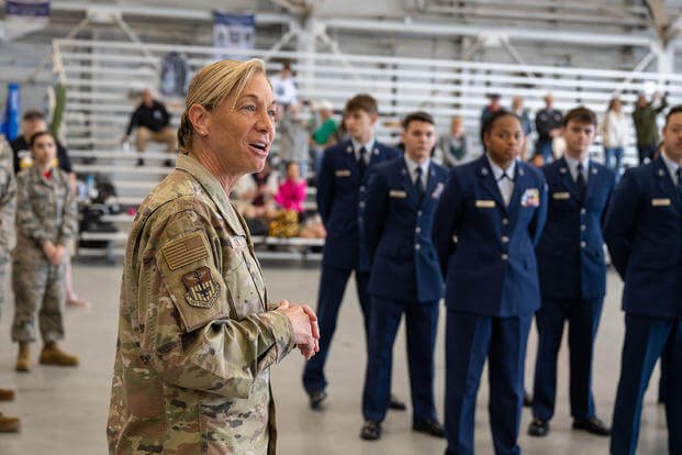 Then-U.S. Air Force Col. Allison Black, 1st Special Operations Wing Commander, gives opening remarks